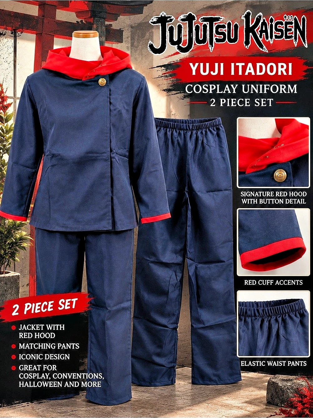 Yuji Itadori Cosplay Uniform 2 Piece Set Blue & Red Large